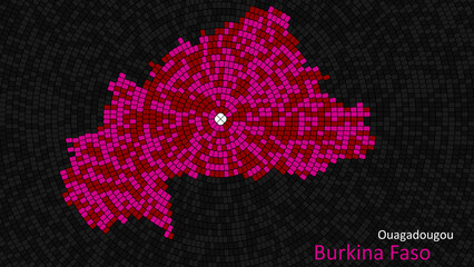 A map of Burkina Faso is presented as a mosaic with a dark background, and the country's borders are outlined in the shape of a colorful mosaic, centered around the capital city.