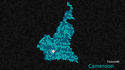 A map of Cameroon is presented as a mosaic with a dark background, and the country's borders are outlined in the shape of a colorful mosaic, centered around the capital city.