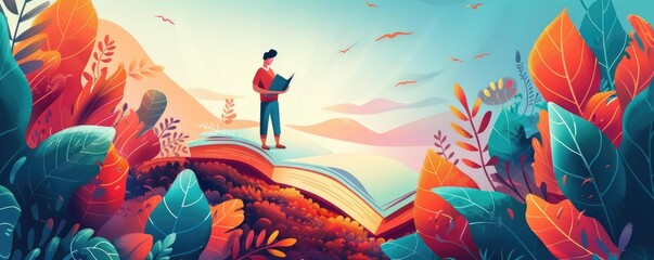 A colorful 3D scene with gradient hues, showing a person reading a book