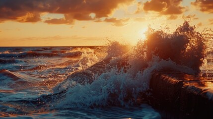 A breakwater in the ocean breaking waves during sunset