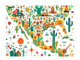 Illustrations depicting grapes, corn, cacti, and maps, Mexican specialties