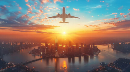 An airplane ascends over a modern city skyline bathed in the golden light of sunset, reflecting off...