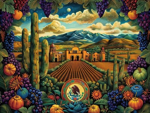Illustrations depicting grapes, corn, cacti, and maps, Mexican specialties