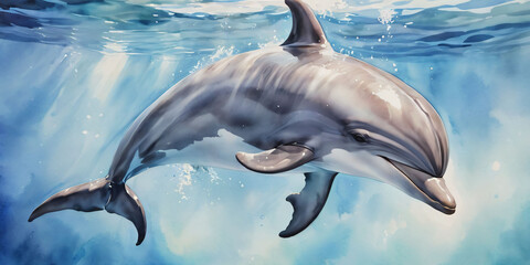 dolphin in the water . watercolor art