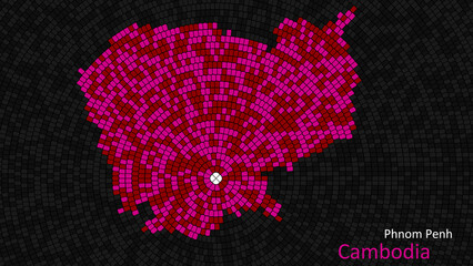 A map of Cambodia is presented as a mosaic with a dark background, and the country's borders are outlined in the shape of a colorful mosaic, centered around the capital city.
