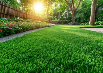 Obraz premium Beautifully Landscaped Backyard with Lush Green Grass, Colorful Flowers, and Trees at Sunset - Perfect Outdoor Garden Setting