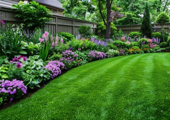 Beautiful Backyard Garden with Green Lawn and Colorful Flowers Representing Gardening, Landscaping, and Outdoor Beauty in a Lush and Serene Setting, Backyard Garden Scene