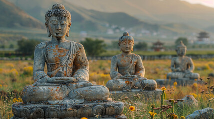  Stone Buddha Statues in Peaceful Meadow Setting