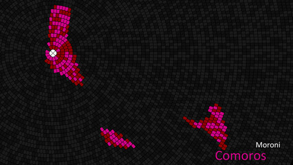 A map of Comoros is presented as a mosaic with a dark background, and the country's borders are outlined in the shape of a colorful mosaic, centered around the capital city.