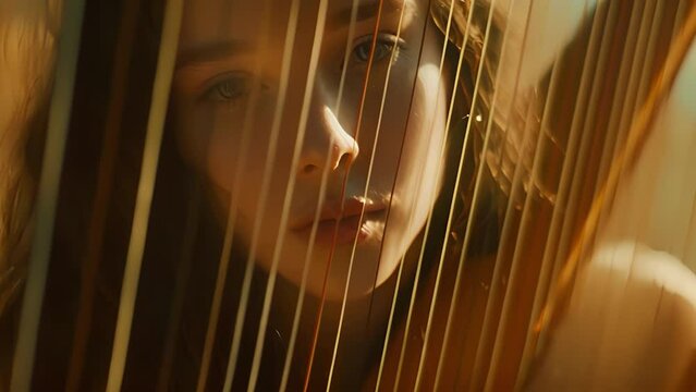 A serene and contemplative portrait of a harpist immersed in the peaceful and melodic tones of their classical music. .