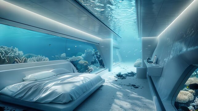 An ultra-modern underwater hotel room with a large glass window looking out onto a coral reef