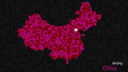 A map of China is presented as a mosaic with a dark background, and the country's borders are outlined in the shape of a colorful mosaic, centered around the capital city.