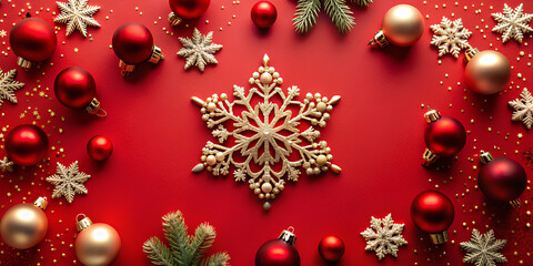 Christmas and new year background concept. Top view of Christmas decoration made from snowflake