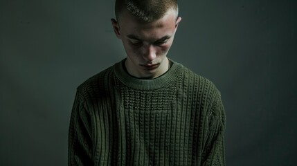 Obraz premium A youth wearing a green military style sweater is a skinhead in a studio