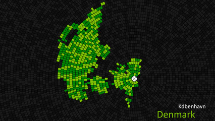 A map of Denmark is presented as a mosaic with a dark background, and the country's borders are outlined in the shape of a colorful mosaic, centered around the capital city.