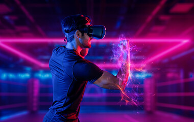 Man wearing VR glass and smashing or punching at camera in neon boxing arena. Sport gamer boxing...