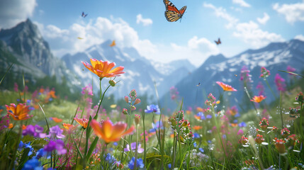 meadow with flowers and butterflies