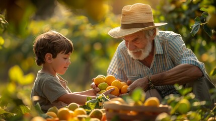 Caucasian grandfather with his grandson harvesting fruit while in a summer orchard