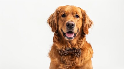 A Golden Retriever with a bow tie, sitting upright and looking sophisticated, isolated on a white background
