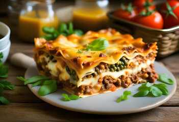 A slice of lasagna on a plate with a fork and a sprig of mint on a wooden table