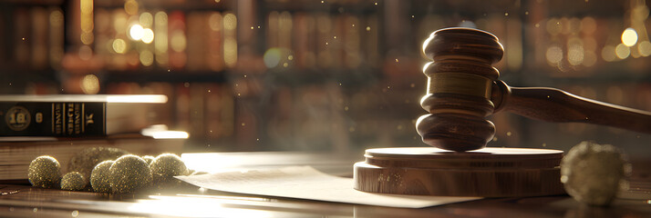 Depiction of Legal Verdict, Judge's Gavel Resting on Block with Law Books Background