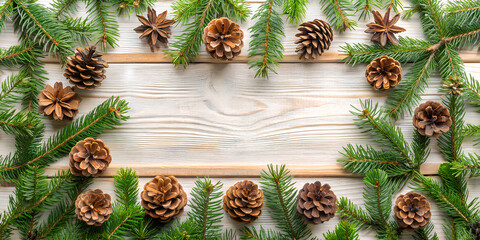 Christmas composition with frame of fir branches and pine cones 