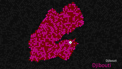 A map of Djibouti is presented as a mosaic with a dark background, and the country's borders are outlined in the shape of a colorful mosaic, centered around the capital city.