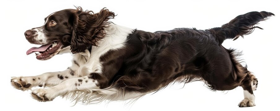 An English Springer Spaniel in a hunting pose, looking focused and ready, isolated on a white background