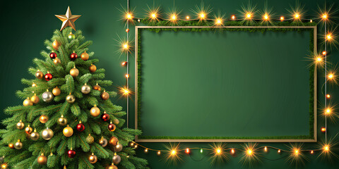Decorated with lights Christmas tree on dark green background (1)