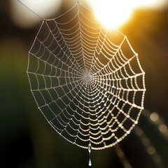 Naklejka premium Macro of dewdrops on a spiderweb, with morning sunlight creating rainbows - generated by ai