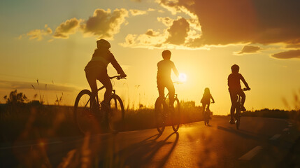 Cyclists family traveling on the road at sunset : Generative AI