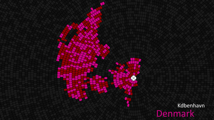 A map of Denmark is presented as a mosaic with a dark background, and the country's borders are outlined in the shape of a colorful mosaic, centered around the capital city.