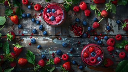 fruit smoothie in a glass jar strawberry blueberry on a dark background wood table
