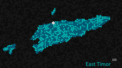 A map of East Timor is presented as a mosaic with a dark background, and the country's borders are outlined in the shape of a colorful mosaic, centered around the capital city.