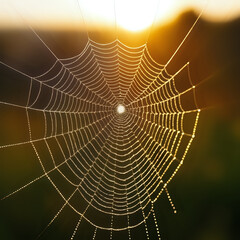 Macro of dewdrops on a spiderweb, with morning sunlight creating rainbows - generated by ai