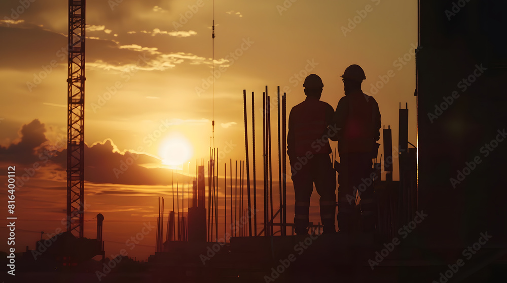 Poster Silhouette of Engineer and worker on building site construction site at sunset in evening time : Generative AI