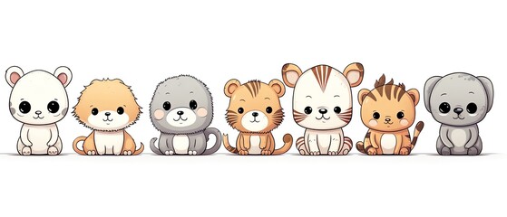 Cute pop animal flat design front view nursery theme cartoon drawing black and white