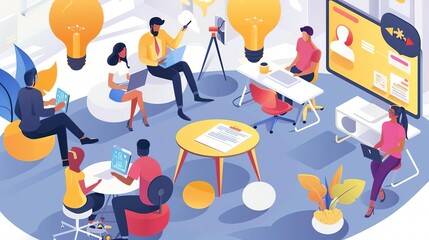 A group of diverse professionals brainstorm ideas in a creative and collaborative workspace.