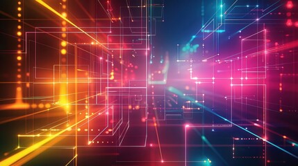 Fototapeta premium A colorful, abstract image of a cityscape with bright lights and lines.