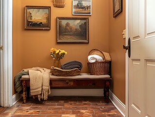 Aesthetic entryway with a welcoming bench, a basket filled with blankets, and a collection of vintage artwork. Close up