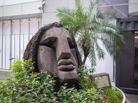 moyai statue surrounded with green plants in shibuya