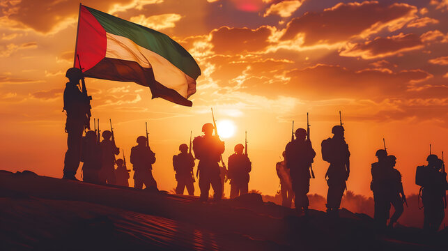 Silhouettes of soldiers with the flag of UAE against sunset or sunrise Concept of national holidays Commemoration Day : Generative AI