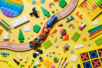 Set of different children's toys, wooden railroad