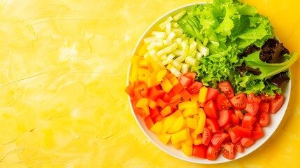 Salad on yellow background, food photography, banner style, pepper, salad, onions, chopped