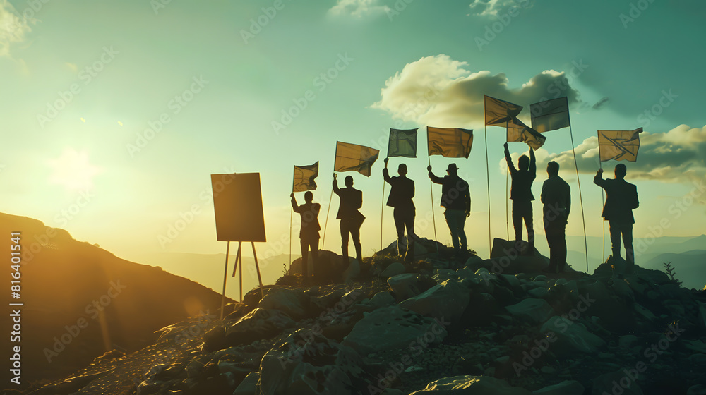 Poster Goal setting towards planning for the future Silhouettes of group businessmen holding target boards with flags planted on a mountain Concept of a clear planning process and teamwork : Generative AI