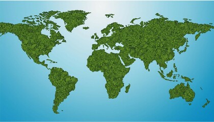 flat world map created from moss and greenery against blue background representing water.