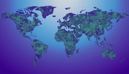 Fototapeta premium flat world map created from moss and greenery against blue background representing water.