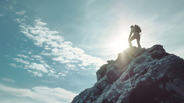 Young man climbing up to top of mountain Self improvement and motivational goals concept : Generative AI