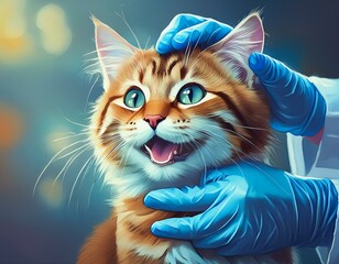 A cat before undergoing a medical examination and surgery, restrained by blue gloves