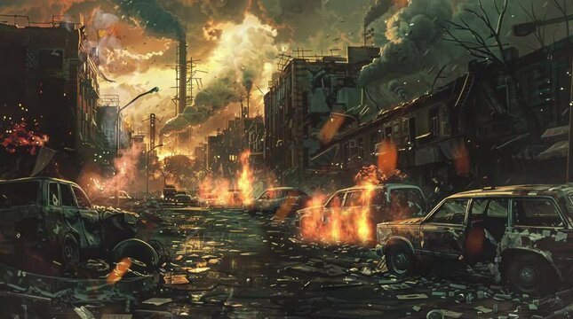 illustration of a city burning in the sunset. tense and dark atmosphere.war zone theme background. cartoon and anime style. looping and seamless 4k illustration video